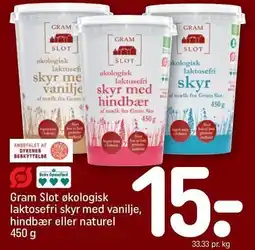 REMA 1000 Gram Slot økologisk laktosefri skyr med vanilje, hindbær eller naturel tilbud