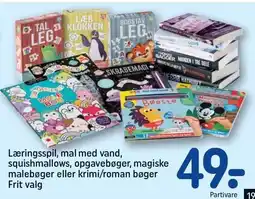 REMA 1000 Læringsspil, mal med vand, squishmallows, opgavebøger, magiske malebøger eller krimi/roman bøger tilbud