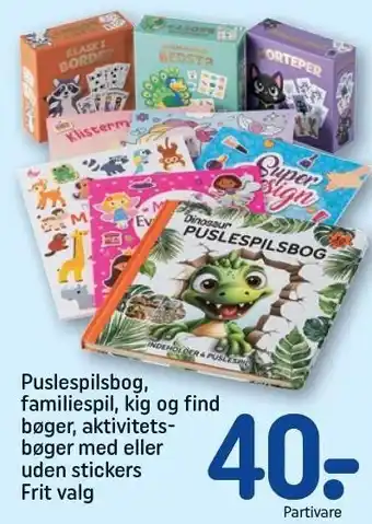 REMA 1000 Puslespilsbog, familiespil, kig og find bøger, aktivitetsbøger med eller uden stickers tilbud