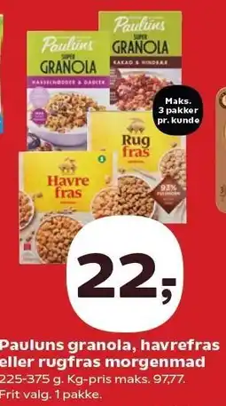 Kvickly Pauluns granola, havrefras eller rugfras morgenmad tilbud