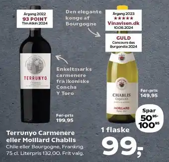 Kvickly Terrunyo Carmenere eller Moillard Chablis tilbud