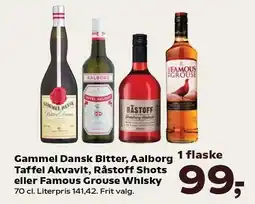 Kvickly Gammel Dansk Bitter, Aalborg Taffel Akvavit, Råstoff Shots eller Famous Grouse Whisky tilbud