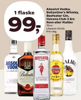 Kvickly Absolut Vodka, Ballantine's Whisky, Beefeater Gin, Havana Club 3 års Rom eller Malibu tilbud