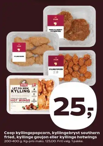 Kvickly Coop kyllingepopcorn, kyllingebryst southern fried, kyllinge goujon eller kyllinge hotwings tilbud