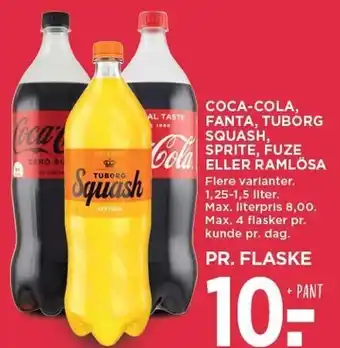 MENY COCA-COLA, FANTA, SQUASH, SPRITE, FUZE ELLER RAMLOSA tilbud