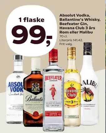 SuperBrugsen Absolut Vodka, Ballantine’s Whisky, Beefeater Gin, Havana Club 3 års Rom eller Malibu tilbud