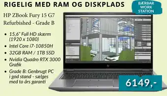 CBC HP ZBook Fury 15 G7 Refurbished - Grade B tilbud