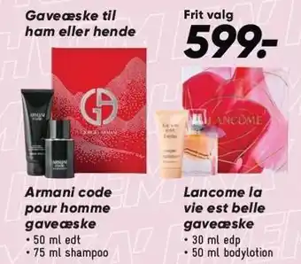 Bilka Armani code pour homme gaveæske eller Lancome la vie est belle gaveæske tilbud