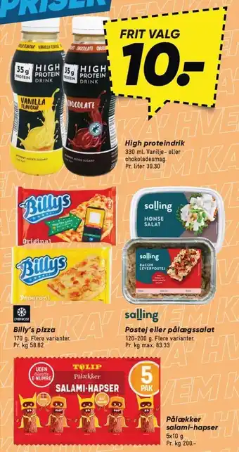 Bilka High proteindrik, Billy's pizza, Postej eller pålægssalat eller Pålækker salami-hapser tilbud