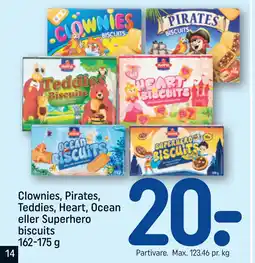 REMA 1000 Clownies, Pirates, Teddies, Heart, Ocean eller Superhero biscuits 162-175 g tilbud