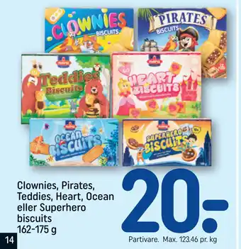 REMA 1000 Clownies, Pirates, Teddies, Heart, Ocean eller Superhero biscuits 162-175 g tilbud