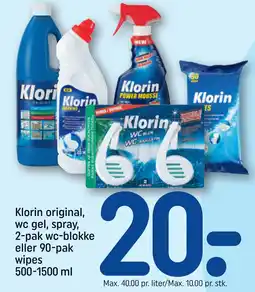 REMA 1000 Klorin original, wc gel, spray, 2-pak wc-blokke eller 90-pak wipes 500-1500 ml tilbud