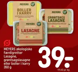 REMA 1000 MEYERS økologiske færdigretter Lasagne, grøntsagslasagne eller boller i karry 350 g tilbud