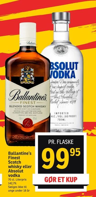 SPAR Ballantine's Finest Scotch whisky eller Absolut vodka tilbud