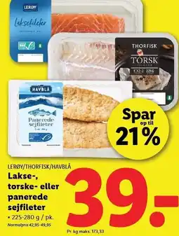 Lidl LERØY/THORFISK/HAVBLÅ Lakse-, torske- eller panerede sejfileter tilbud