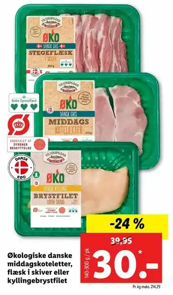 Let-Køb Økologiske danske middags koteletter, flæsk i skiver eller kyllingebrystfilet tilbud