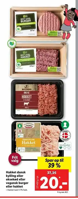 Let-Køb Hakket dansk kylling eller oksekød eller vegansk burger eller hakket tilbud