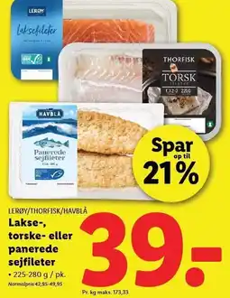 Lidl LERØY/THORFISK/HAVBLÅ Lakse-, torske- eller panerede sejfileter tilbud