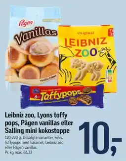 Føtex Leibniz zoo, Lyons toffy pops, Pågen vanillas eller Salling mini kokostoppe tilbud