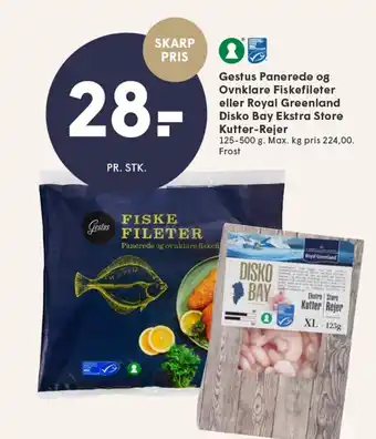 SPAR Gestus Panerede og Ovnklare Fiskefileter eller Royal Greenland Disko Bay Ekstra Store Kutter-Rejer tilbud