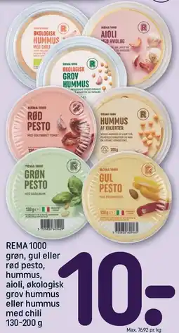 REMA 1000 REMA 1000 grøn, gul eller rød pesto, hummus, aioli, økologisk grov hummus eller hummus med chili tilbud