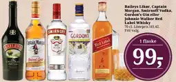 Dagli'Brugsen Baileys Likør, Captain Morgan, Smirnoff Vodka, Gordon's Gin eller Johnnie Walker Red Label Whisky tilbud