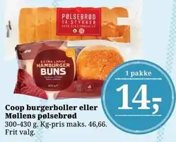 Dagli'Brugsen Coop burgerboller eller Møllens pølsebrød tilbud