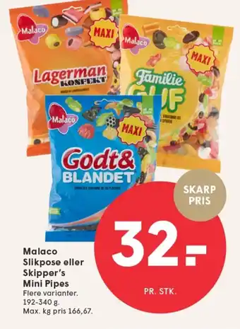 SPAR MALACO Slikpose eller Skipper's Mini Pipes tilbud