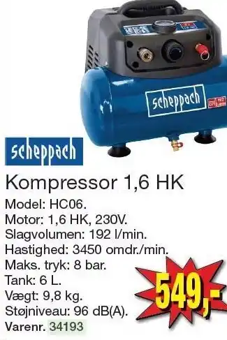 Harald Nyborg SCHEPPACH Kompressor 1,6 HK tilbud