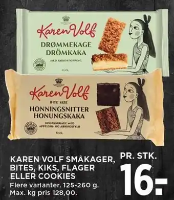 MENY KAREN VOLF SMÅKAGER, BITES, KIKS, FLAGER ELLER COOKIES tilbud