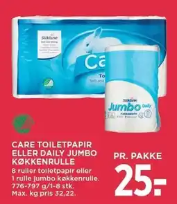 MENY CARE TOILETPAPIR ELLER DAILY JUMBO KØKKENRULLE tilbud