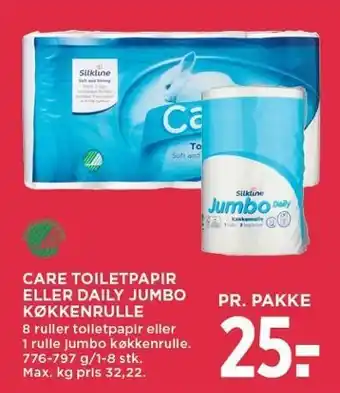 MENY CARE TOILETPAPIR ELLER DAILY JUMBO KØKKENRULLE tilbud