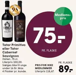 SPAR TATOR PRIMITIVO ELLER TATOR CABERNET SAUVIGNON 75 CL tilbud