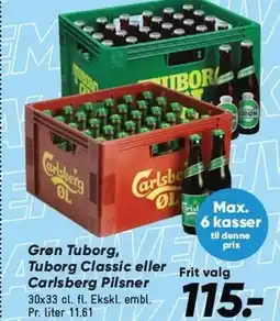 Bilka Grøn Tuborg, Classic eller Carlsberg Pilsner 30x33 cl tilbud