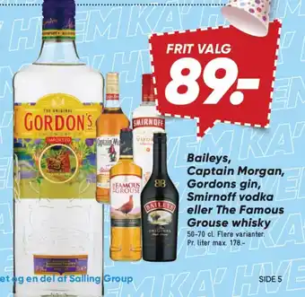 Bilka BAILEYS, Captain Morgan, Gordons gin, Smirnoff vodka eller The Famous Grouse whisky tilbud