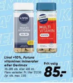 Bilka LIVOL +10%, Futura vitaminer/mineraler eller Gerimax tilbud