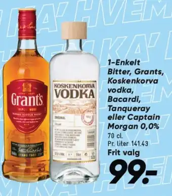 Bilka 1-Enkelt Bitter, Grants, Koskenkorva vodka, Bacardi, Tanqueray eller Captain Morgan 0,0% tilbud