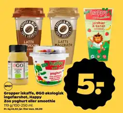 Netto Gropper iskaffe, ØGO økologisk ingefærshot, Happy tilbud