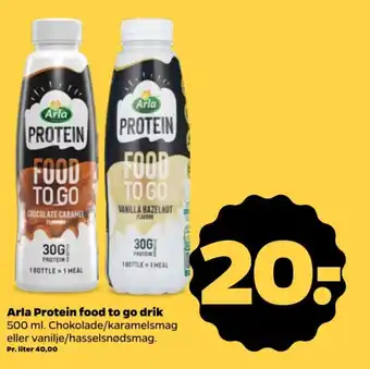 Netto Arla Protein food to go drik 500 ml. Chokolade/karamelsmag eller vanilje/hasselsnødsmag. tilbud