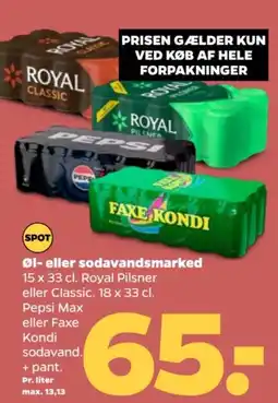 Netto Øl- eller sodavandsmarked 15 x 33 cl. Royal Pilsner eller Classic. 18 x 33 cl. Pepsi Max eller Faxe Kondi sodavand. +pant. tilbud