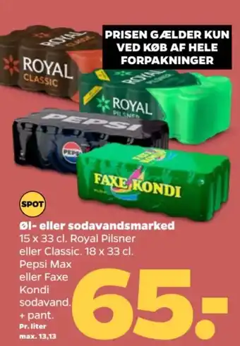 Netto Øl- eller sodavandsmarked 15 x 33 cl. Royal Pilsner eller Classic. 18 x 33 cl. Pepsi Max eller Faxe Kondi sodavand. +pant. tilbud