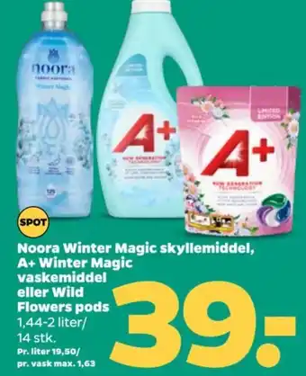 Netto Noora Winter Magic skyllemiddel, A+ Winter Magic vaskemiddel eller Wild Flowers pods tilbud