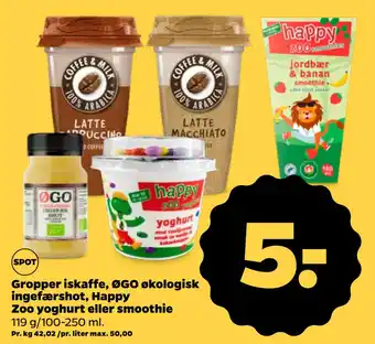 Netto Gropper iskaffe, ØGO økologisk ingefærshot, Happy Zoo yoghurt eller smoothie tilbud