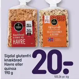 REMA 1000 Sigdal glutenfri knækbrød Havre eller quinoa 190 g tilbud