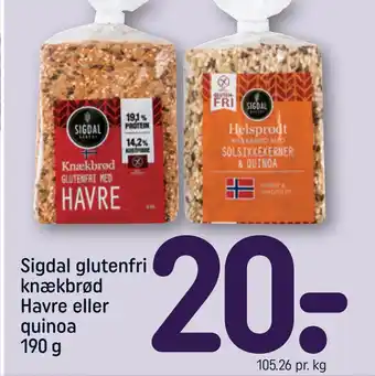 REMA 1000 Sigdal glutenfri knækbrød Havre eller quinoa 190 g tilbud