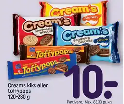 REMA 1000 Creams kiks eller toffypops 120-230 g tilbud