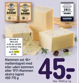 REMA 1000 Mammen ost 45+ mellemlagret med eller uden kommen eller 1911 Mammen ekstra lagret 450-715 g tilbud