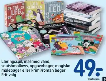 REMA 1000 Læringsspil, mal med vand, squishmallows, opgavebøger, magiske malebøger eller krimi/roman bøger tilbud