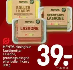 REMA 1000 MEYERS økologiske færdigretter Lasagne, grøntsagslasagne eller boller i karry tilbud