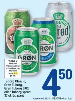 REMA 1000 Tuborg Classic, Grøn Tuborg, Tuborg 0,0% eller Tuborg Sprød 33 cl. Ex. Pant tilbud